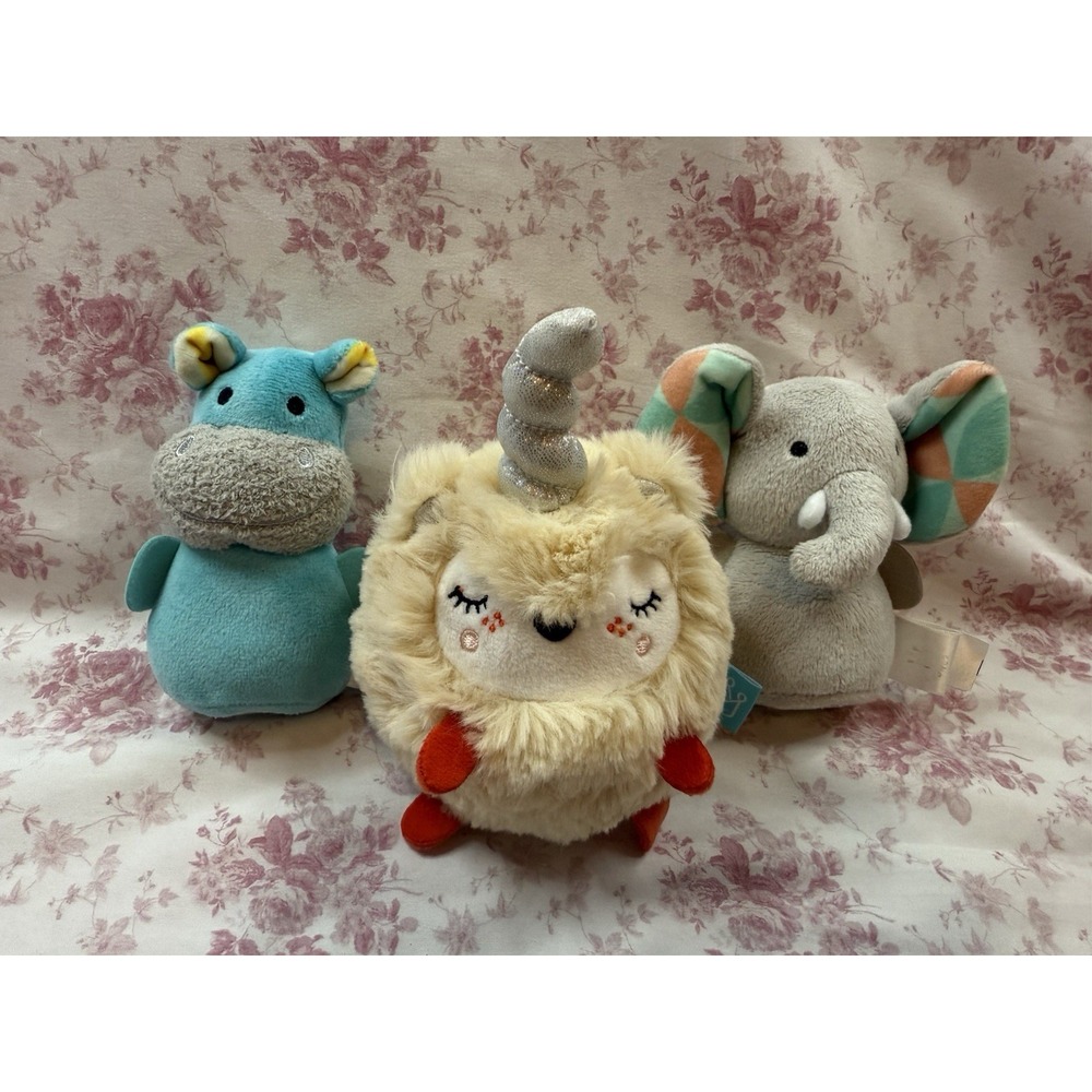 Manhattan Toy Plush Shakers Lot of 3 Hippo Elephant Squeezmeez Unicorn